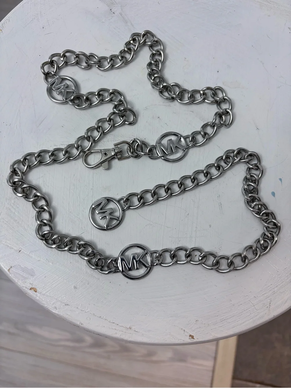 Michael Kors Silver-Tone MK Medallion Chain Belt
